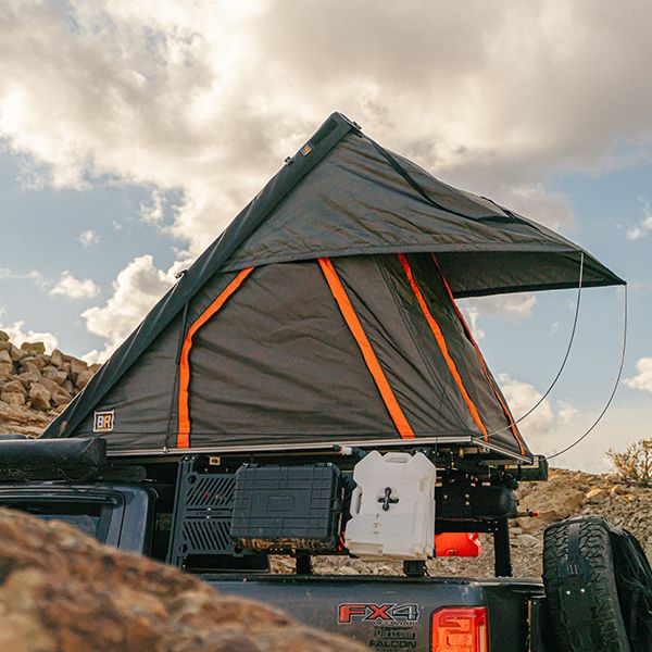 BadAss Tents - "PACKOUT"- PREASSEMBLED Soft top Rooftop Tent (Universal Fit) - Black/Rhinotec Cover + Grey/Org Tent - 45x78"
